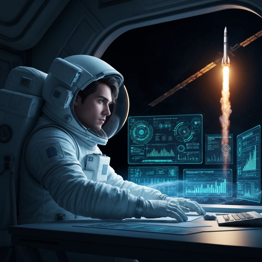 Photorealistic astronaut developing AI-powered CRM in space station